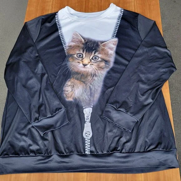 Cute Kitten Face Emerging from Black & White Long Sleeve Zipper Top - 5XL - Picture 5 of 7